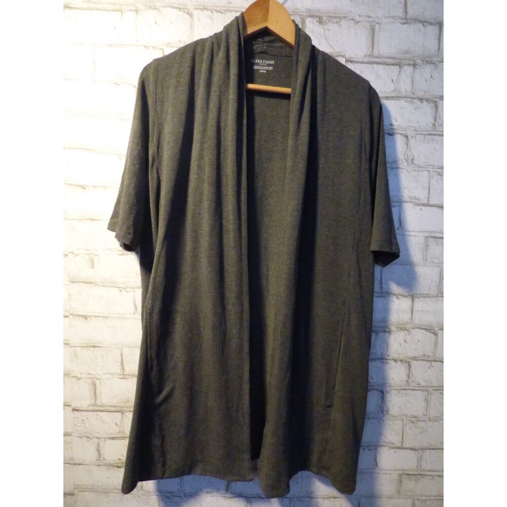 Eileen Fisher Gray Short Sleeve Jersey Knit Cardigan Petite Medium NEW